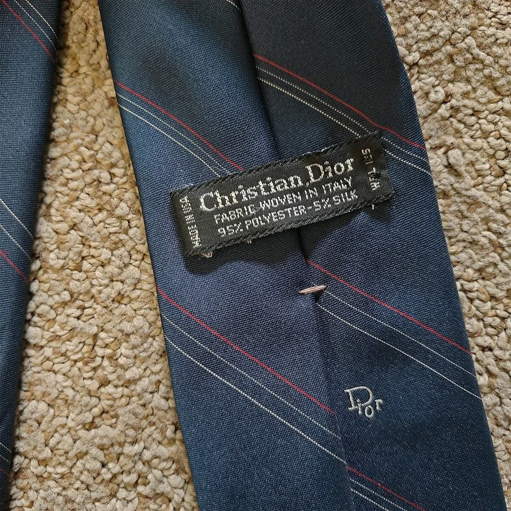 Christian Dior Mens Navy Blue Striped  Necktie Made in USA Logo Tie